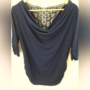 𝅺NO Boundaries Junior Navy Blue Top Size L Embroidered Back Ruched Elbow Sleeve